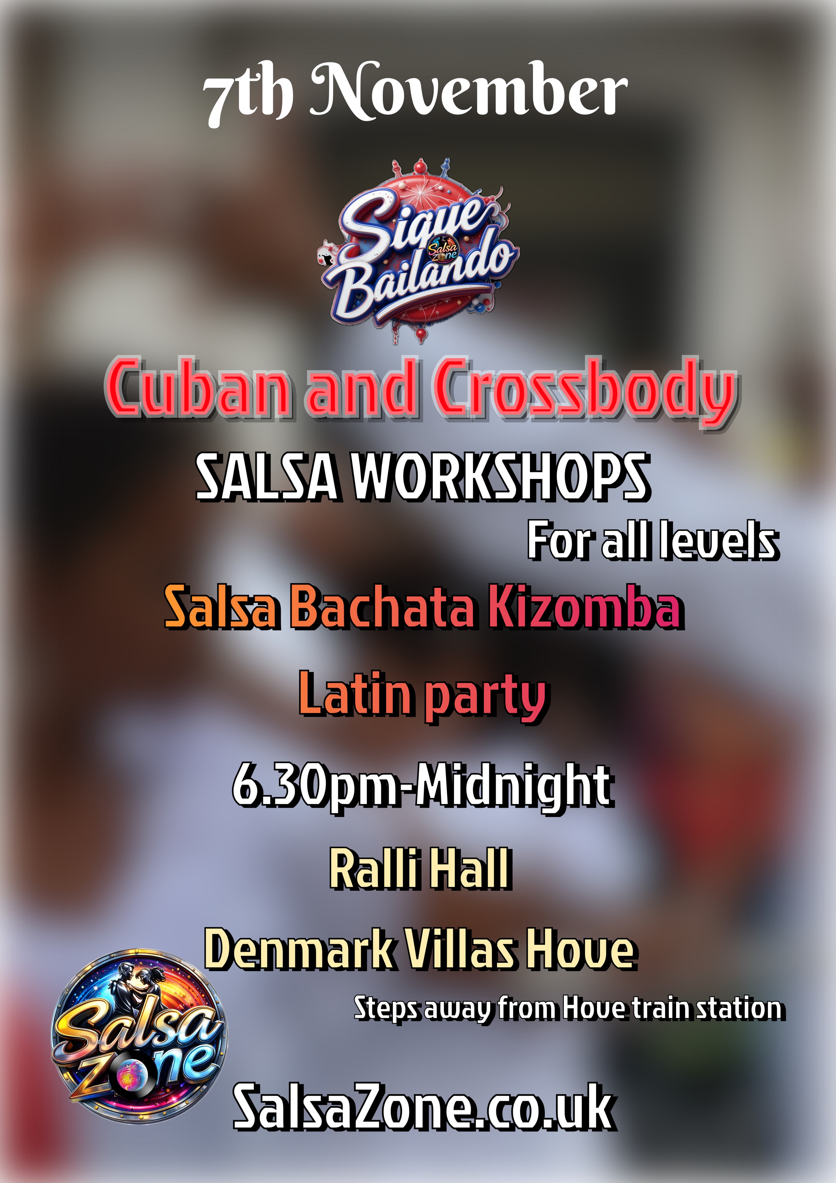 Sigue Bailando November salsa workshop and Latin party poster